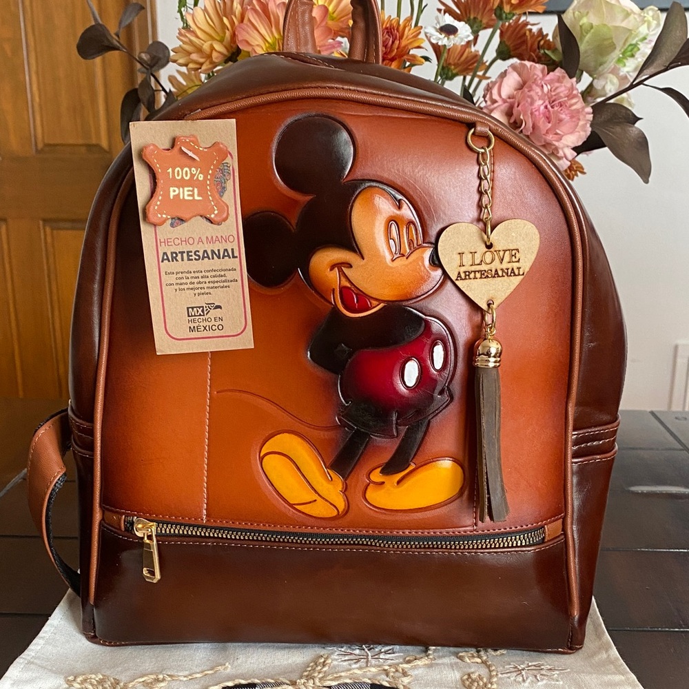 Handcrafted Leather Backpack with Cartoon Design